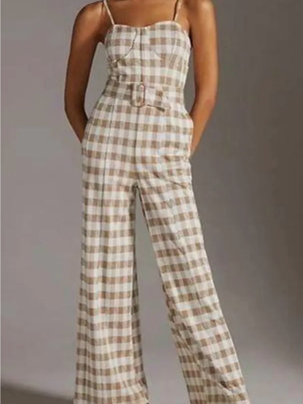 Gingham Wide-Leg Jumpsuit in Beige and White